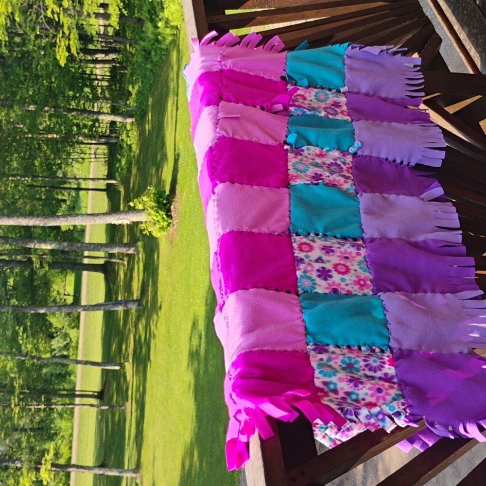 FRINGE FLEECE TURQUOISE 💜 PURPLE 🩷PINK FUCHSIA BLANKET FLEECE OOAK   63" X 48
